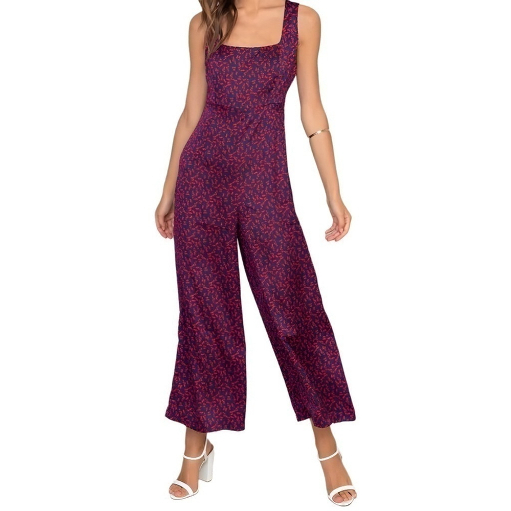 Lush Floral Wide-Leg Sleeveless Jumpsuit - Navy Blue & Red | Small
